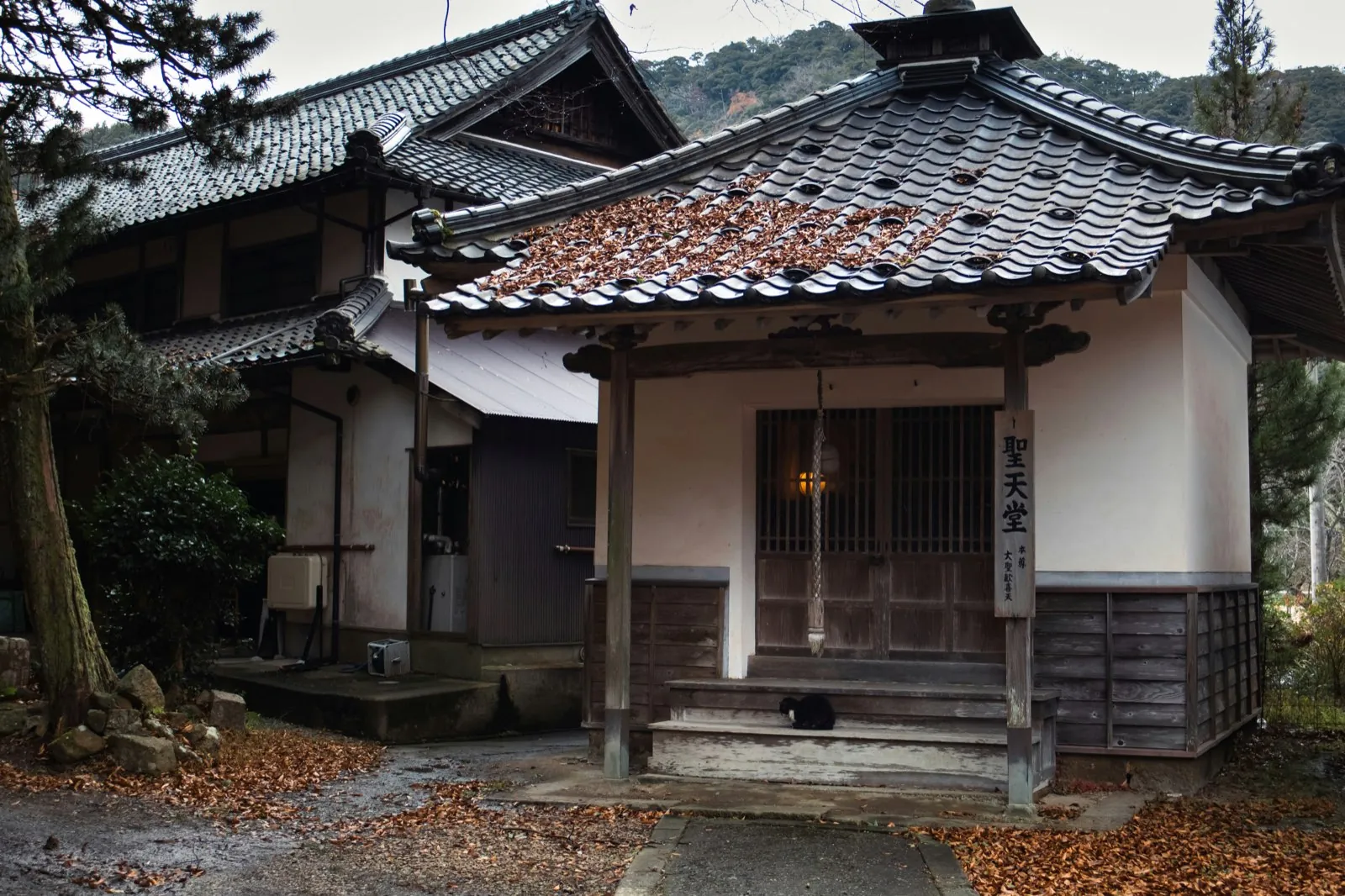 Pabellón de madera tradicional con tejado de tejas en Kinosaki Onsen